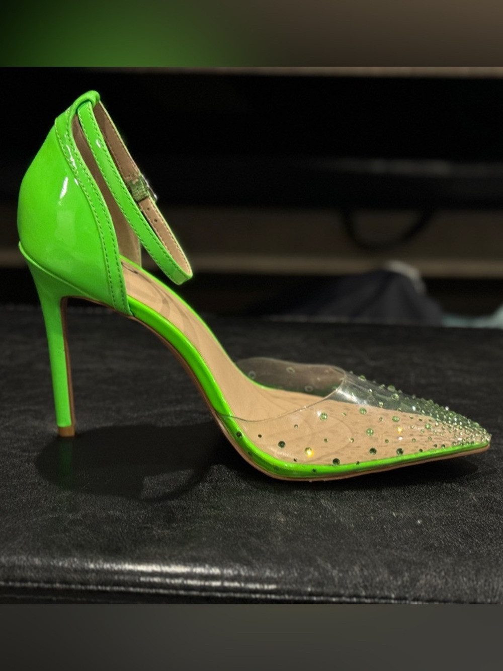 💚 Mix No. 6 Neon Green Patent Stiletto Strappy Heels Pump with Rhinestones
